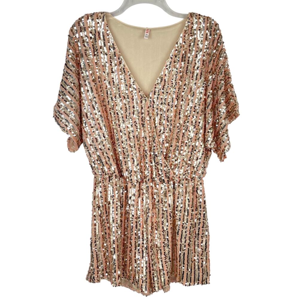Anthro Raga Rose Gold Sequin V-neck Lined Romper Sz M Celebration Cocktail Party